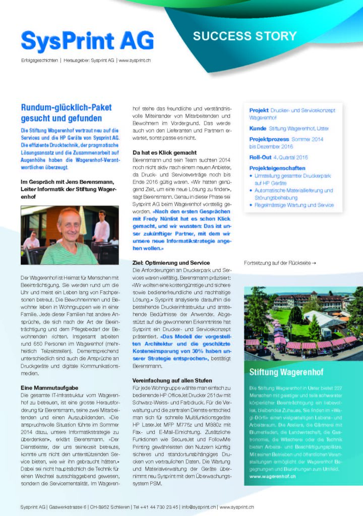 SUCCESS_STORY_Stiftung Wagerenhof mit Sysprint - effiziente Drucktechnik, pragmatischer Lösungsprozess, Zusammenarbeit auf Augenhöhe